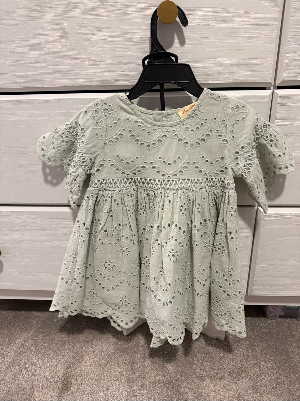 Sweet Magnolia light sage green embroidered toddler top with white leggings